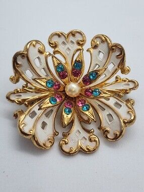 ✨️ 5 For 25 ✨️Gold Floral Filigree Brooch with Pink & Blue Crystal Accents